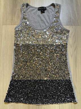Chances R Ombre Sequin Ribbed Tank Top Gray Gold Black Party Clubwear Size L